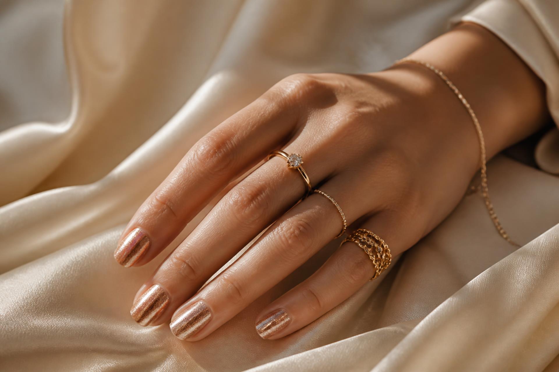 Luxury AI-designed manicure with rose gold shimmer and delicate jewelry